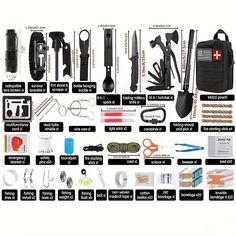 the contents of an emergency survival kit are shown in black and white, with instructions