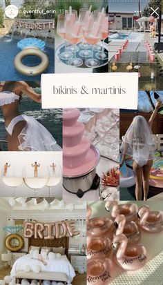 a collage of photos with pink and white balloons, bride's dress, wedding cake