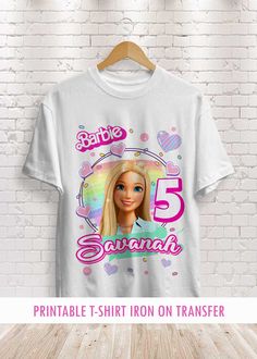 Sweet Barbie Birthday Shirt Iron on Transfer personalized for your girl&apos;s party . Printable design. Order now! Pink Character Print Shirt For Birthday, Pink Shirt With Character Print For Birthday, Pink Sublimation Print Top For Birthday, Birthday Shirt With Sublimation Print And Crew Neck, Birthday Crew Neck Shirt With Sublimation Print, Barbie Birthday Shirt, Spiderman Birthday Invitations, Barbie T Shirt, Spiderman Birthday