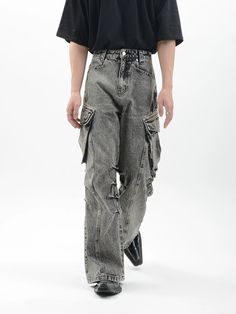 Step into the effortlessly cool vibe with our Acid Wash Cargo Pocket Wide-Leg Jeans, the ultimate blend of comfort and streetwise style. Crafted from durable fabric, these trousers boast a high waist, a straight-foot cut, and are detailed with functional cargo pockets for a utilitarian edge. The acid wash effect lends a vintage feel, while the no-stretch design maintains a structured look. Perfect for those who appreciate the fusion of form and function in their wardrobe. Easily dressed up with Cargo Denim Pants, Gold G, Cargo Pocket, Cargo Jeans, Jean Grey, British Indian, Acid Wash, Wide Leg Jeans, Denim Pants