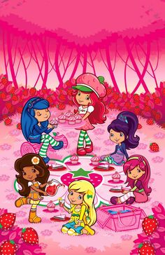 the cartoon strawberry shortcakes are having tea in the forest with their friend friends