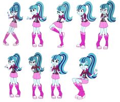 some cartoon characters with different outfits and hair styles, all in pink and blue colors