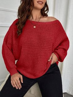 Embrace effortless style with our Batwing Sleeve Ribbed Knit Sweater. This casual pullover features a plain pattern with a subtle texture, ideal for a versatile look. The boat-neck offers a flattering neckline that complements the unique batwing sleeves, creating an elegant, oversized outline. The regular length ensures it pairs beautifully with a variety of bottoms. Crafted with fabric that provides slight stretch, this sweater ensures a comfortable fit while maintaining its formation. Specific Batwing Sleeve Sweater, Comfy Jumpsuits, Plus Size Pullover, Winter Red, Sweater Autumn, Plus Size Sweaters, Ribbed Knit Sweater, Casual Pullover, Batwing Sleeve