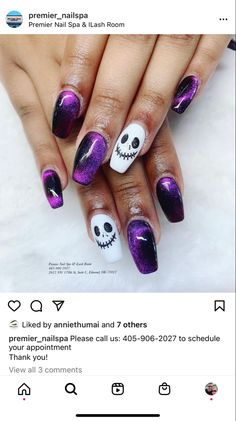 Jack Skeleton Nails, Jack And Sally Nails Art, Purple And Black Halloween Nails, Jack Skellington Nails Short, Cat Eye Halloween Nails, Purple And Black Halloween Nails Designs, Jack Skellington Nails, Jack Skellington Nails Acrylic Short, Sally Nails