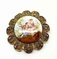 Vintage Filigree Painted Medallion Brooch. Good condition, see pics for detailed condition, and see last picture for brooch dimensions. Gold Tie, Assemblage Necklace, Vintage Teddy Bears, Vintage Monet, Cameo Brooch, Vintage Pins, Pin Collection, Vintage Brooches, Vintage Rings