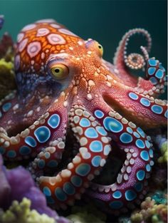 an orange and blue octopus sitting on top of a coral