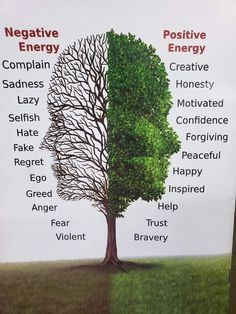 a tree with the words negative energy and positive energy on it's side in front of a poster