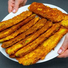 someone holding a plate with fried food on it