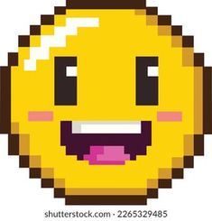 an emoticive smiley face in pixel art style, with pink cheeks and white teeth