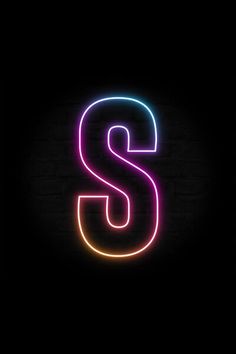 the letter s is made up of neon lights on a black background with a brick wall