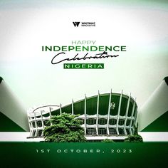 a green and white poster with the words happy independence celebration in front of a stadium