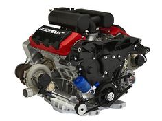 the engine of a car is shown on a white background with red and black accents