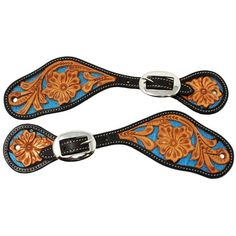 two leather straps with floral designs on them