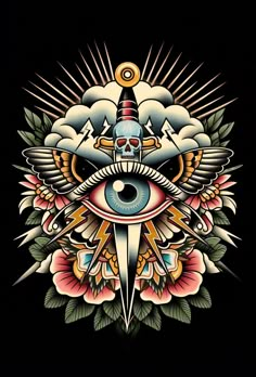 an all seeing eye surrounded by flowers and birds on a black background with the sun in the center