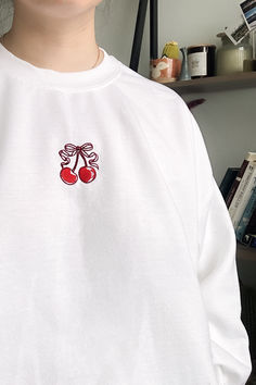 FREE SHIPPING 🍒 A cute cherry bow design embroidered on a comfy crewneck. Spring Long Sleeve Tops With Embroidered Logo, Long Sleeve Tops With Embroidered Logo For Spring, Spring White Sweater With Embroidered Logo, Trendy Long Sleeve Sweatshirt With Letter Embroidery, Trendy Letter Embroidery Sweater For Streetwear, Trendy Long Sleeve Sweater With Letter Embroidery, Trendy Sweatshirt With Letter Embroidery For Spring, Trendy Winter Top With Embroidered Logo, Casual Long Sleeve Sweater With Letter Embroidery