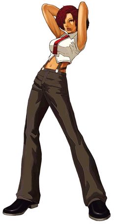 an anime character with red hair and brown pants, holding his arms behind his back