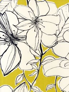 a black and white drawing of flowers on a yellow background