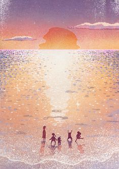 three children standing on the beach at sunset with an island in the background and stars above them