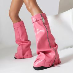 Shop Women's Pink Round Toe Fold-over Boots Platform Wedge Heel Y2K Fashion Boots color Pink for Dancing Club, Night Club, Party with worldwide Free shipping & Free return. Trendy Closed Toe Knee-high Boots For Spring, Trendy Spring Knee-high Closed Toe Boots, Trendy Faux Leather Wedge Boots For Spring, Trendy Faux Leather Boots With Wedge Heel, Trendy Faux Leather Wedge Heel Boots, Trendy High Ankle Wedge Boots For Spring, Spring Closed Toe Wedge Boots, Trendy Spring Boots With Wedge Heel, Trendy Wedge Heel Spring Boots