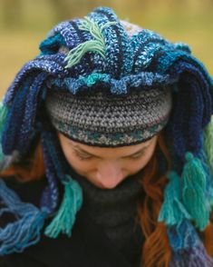 Winter Crochet Blue Gray Green Shaman Hat Festival Headdress - Etsy Russia Bohemian Beanie Crochet Hat, Bohemian Knitted Yarn Hats, Blue Crochet Hat For Festival, Green Bohemian Crochet Hat For Festivals, Bohemian Crochet Hat In Yarn For Winter, Blue Bohemian Crochet Hat Adjustable, Blue Adjustable Bohemian Crochet Hat, Adjustable Bohemian Crochet Hat In Blue, Adjustable Blue Bohemian Crochet Hat