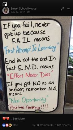 a sign that is posted on the side of a car door saying if you fail never give up because fal means first attempt in learning