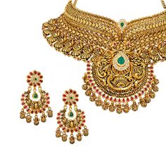 Statement Indian Jewelry: Peacock design grand bridal choker necklace, handcrafted in 22 karat antique finish gold, accented with cubic zircnia stones, potta rubies & emeralds. To give you the desired fit, the necklace features an adjustable back chain and secures with a hook closure. The matching screw back dangle earrings have a stem thickness of 1.4 mm. Bridal Choker Necklace, Meenakari Necklace, Back Chain, Choker Gold, Bridal Choker, Choker Necklace Set, Peacock Design, Gold Choker, Video Call