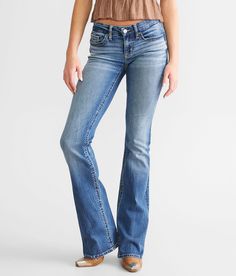 BKE Stella Boot Stretch Jean - Blue 24/31, Women's Kerr Superior Stretch (High Stretch) - Superior stretch fabric our highest level of stretch for ultimate movement. Low rise Slim through the hip and thigh 18 bottom opening Comfort waistband Destruction details. This quality denim is hand-finished for a unique look. It will wear like your favorite jeans, with each hole and tear continuing to destruct over time. You will love the comfort of this denim that has the look and feel of years of wear. Womens High Rise Boot Cut Jeans, Bke Jeans Womens Bootcut, Ultra Low Rised Jeans Buttcrack, Blue High-rise Jeans With Zipper Closure, Stella Jeans, Cheap Non-stretch Jeans With Zipper Closure, Jean Fits, Bke Jeans, Low Rise Bootcut Jeans