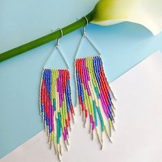 a pair of earrings with multicolored beads hanging from it's hooks on a blue and white background