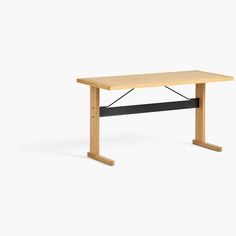 a small wooden table with two legs and a long rectangular top, on a white background