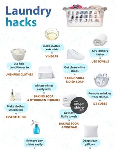 the laundry hacks list is shown in blue and white, with instructions for how to use