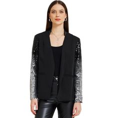 Introducing a stylish sequin sparkle sleeve blazer with 1 button, two pockets, PU splicing v-neck, sequin long sleeves, and flattering shoulder pads. This stunning blazer is designed to help you showcase your unique charm and add a touch of shimmer to your autumn and winter wardrobe. Perfect for a variety of occasions including parties, clubs, daily wear, dates, weekends, holidays, and even Halloween. This versatile piece pairs effortlessly with dresses, jeans, skirts, shoes, bags, and accessori Blazer Casual, Party Jackets, Women's Jackets, Long Sleeve Blazers, Casual Blazer, Long Sleeves Jacket, Two Piece Outfit, Winter Wardrobe, Fashion Collection