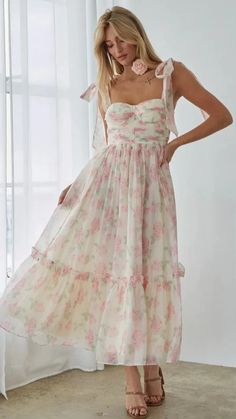 Pink Floral Shoulder Tie Midi Dress – Groovy Mimi Plunge Mini Dress, Floral Chiffon Maxi Dress, Floral High Low Dress, Floral Print Midi Dress, Print Midi Dress, Chiffon Maxi Dress, Hoco Dresses, Floral Chiffon, Dress Size Chart