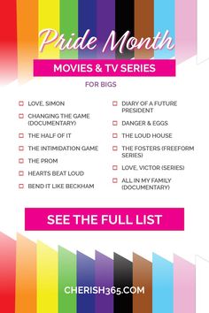 the pride month movies and tv series list is shown in pink, blue, green, yellow