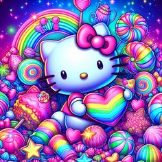 an image of a hello kitty surrounded by rainbows and candy hearts with stars in the background