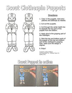 the instructions for how to make scout clothes in action with pictures and text on it