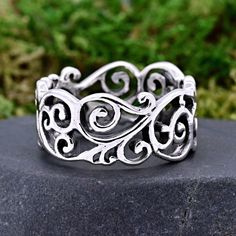 Solid 925 Sterling Silver 9mm Cut Out Filigree Swirl Eternity Band  → Oxidized & Rhodium Plated → 9mm Height → SOLID 925 Sterling Silver → Not Plated or Silver Filled → Minimalist Design The ring comes with a gift box as shown in the product description picture; Ready for gifting. Sterling Silver Thumb Rings, Thumb Ring, Thumb Rings, Personalized Rings, Eternity Band, Ring Vintage, Original Gift, Eternity Bands, Silver Band