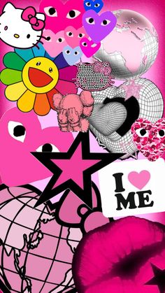 a pink background with hearts, flowers and other items in the shape of a star