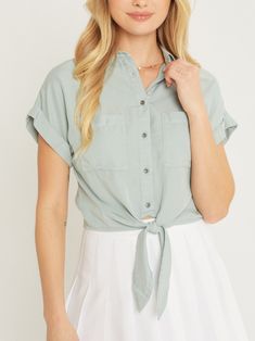 "Please check our US number size regarding our S/M/L: Small (US 2-4), Medium (4-6), Large (8-10) Casual Tie Front Chambray Denim Shirt. Top Features Deep V Neck Wide Short Sleeve in Tencel Fabrication. Women's Soft Spring Summer Button Up Crop Jean Shirt in Blue White Pink Mint Model is Wearing Size Small. Model: 5'9\"  32B bust, 25\" waist, and 36\" hips.  100% Tencel Perfect, Soft Cozy top to wear with your Dainty Accessories. Active or lounge, also great for casual outings. Gentle Cycle, Hand Light Wash Short Sleeve Tops For Work, Trendy Washed Blue Top For Workwear, Trendy Washed Blue Top For Work, Trendy Light Blue Tops With Pockets, Dainty Accessories, Chambray Denim Shirt, Soft Spring, Jean Shirt, Summer Basics