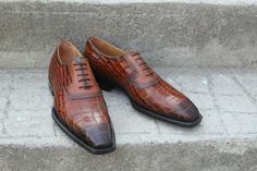 Crafted Leather Classic and Luxury Brown Patina Leather Crocodile/Alligator Dress Shoes on Storenvy Alligator Dress Shoes, Patina Style, Quality Leather Boots, Custom Design Shoes, Shoe Crafts, Handmade Leather Shoes, Europe Fashion, Leather Craft, Leather Handmade