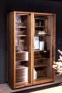 a wooden cabinet with glass doors and shelves