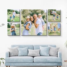 three pictures hanging on the wall in a living room with a blue couch and coffee table