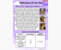 a page from the book reflections of our day, with pictures of animals on it