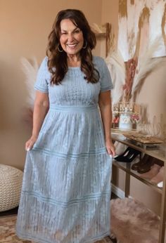 This Eyelet Embroidered Lace Midi Dress is absolutely stunning! It is beautiful and soft and you will feel like the princess you are in it. Perfect for any special occasion or office or church. All eyes will be on you. 100% Poly/Rayon 0-4 Small 5-9 Medium 10-12 Large 14-16 X Large Dusty Blue Dress, Modest Bridesmaid Dresses, Cute Modest Outfits, Lace Midi, Church Outfits, Lace Midi Dress, Mother Of The Groom, All About Eyes, Embroidered Lace