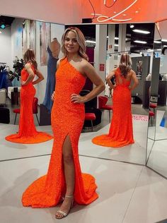 Orange Mermaid, One Shoulder Prom Dress, Cute Mermaid, Sequin Evening Dresses, Sequin Prom Dresses, Long Prom Dresses, Mermaid Evening Dresses, Stretch Satin, Long Prom Dress