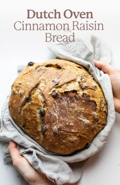 hands using a grey towel to hold a loaf of artisan cinnamon raisin bread over a white counter. Aesthetic Cinnamon Roll, Cinnamon Food, Raisin Bread Recipe, Cinnamon Raisin Bread Recipe, Mediterranean Flatbread, Cookies Cinnamon, Homemade Garlic Butter, Easy Food Recipes, Food Recipes Easy