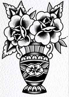 a black and white drawing of flowers in a vase