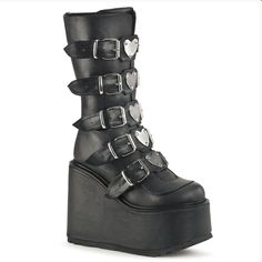 Get Your Gothrave Boots On With These 5.5" Wedge Platforms Featuring Chrome-Toned Hearts Adorning The Straps, Demonia Swi230/Bvl! Us Women's Sizing. Plus Size Boots, Demonia Shoes, Comfy Flats, Women Platform Shoes, Metal Plates, Mid Boots, Super High Heels, New Rock, Round Toe Heels