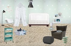 a baby's nursery room is decorated in pastel colors and features stars on the wall