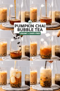 pumpkin chai bubble tea is being poured into a glass jar with ice and caramel