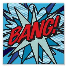 the word bang is written in red, white and blue colors with an explosion effect